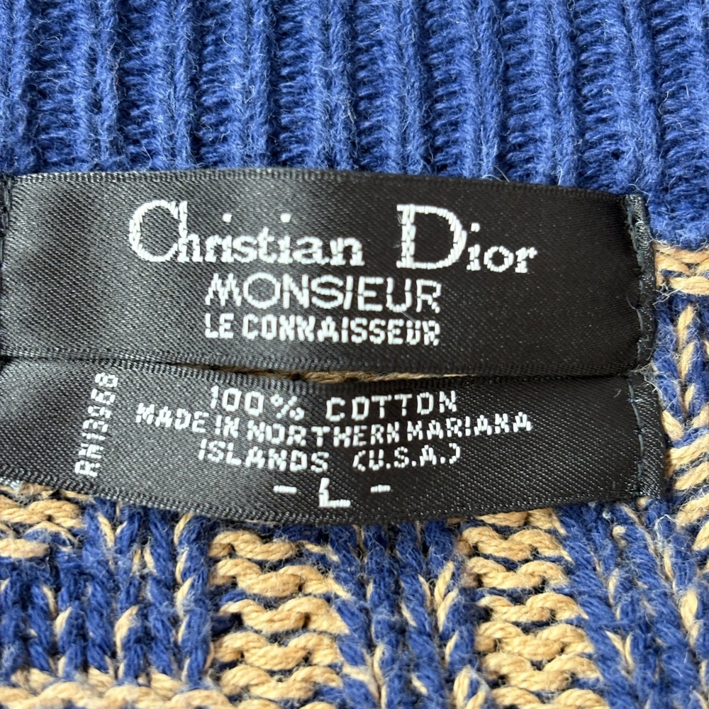 Christian Dior Mens Sweater Sz L Blue Tan Geometric Cotton Intarsia Knit Vintage - Picture 5 of 11